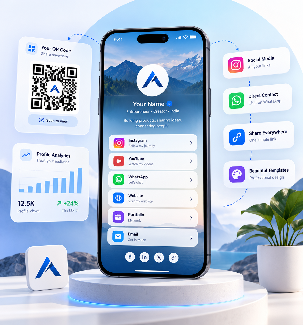 Link Bridge digital profile displayed on a smartphone, with Instagram, YouTube and WhatsApp links